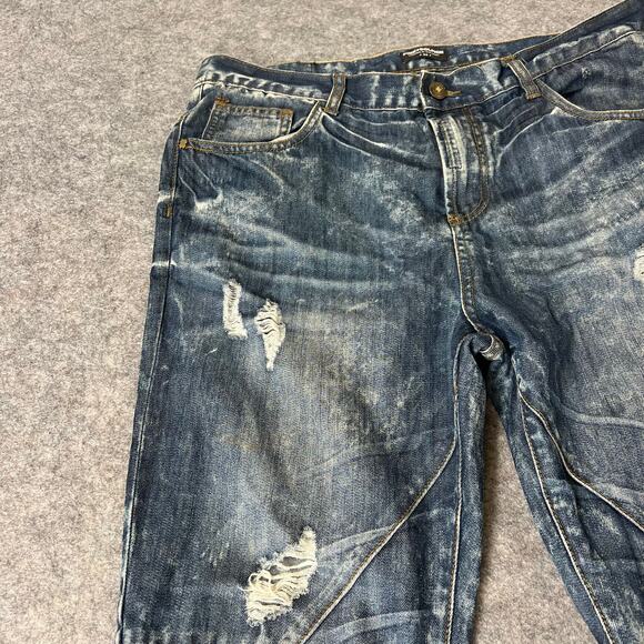 Pink Dolphin Mens Blue Denim Jeans Destructed Relaxed Ripped Thrashed Size 36 - Picture 10 of 16